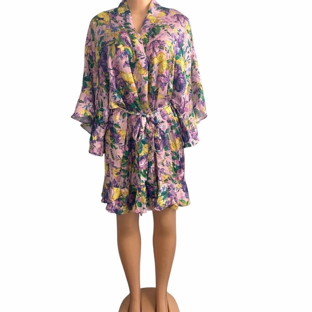 Victoria’s Secret Floral Purple and Yellow Satin Flutter Robe - Picture 3 of 10
